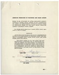 Three Stooges AFTRA Agreement Signed by Moe Howard, Larry Fine & Joe DeRita From January 1959 -- Single Page Measures 8.5'' x 11'' Sheets -- Very Good Condition